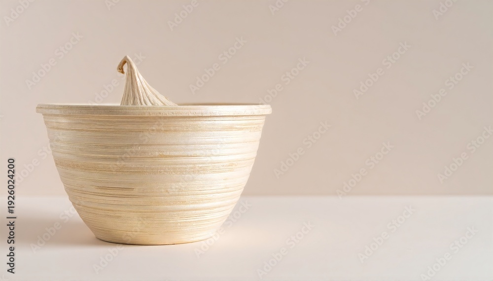 Fototapeta premium a white ceramic bowl with an open lid, showing its smooth glossy interior on a clean, softly lit surface