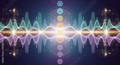 Vibrational energy frequencies of seven chakras in harmony with sound waves and light emitting orbs on dark background