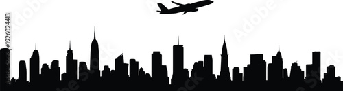 City skyline silhouette with airplane, urban skyscrapers panorama black vector illustration isolated on white background travel concept