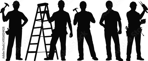 Construction worker silhouettes set, builder handyman with ladder and tools isolated black vector illustration on white background