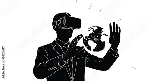 Immersive virtual reality experience showing a person interacting with a holographic Earth, symbolizing global connectivity and advanced technological engagement in the digital metaverse