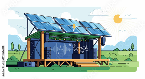 Eco friendly solar powered house with green roof in natural landscape with blue sky and sunny weather