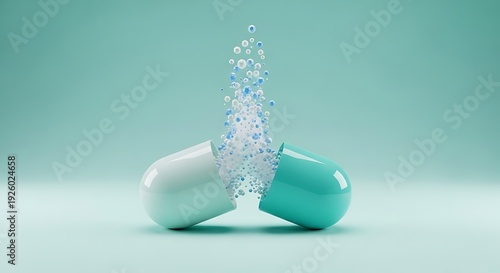 Capsules opening with effervescent bubbles in modern design