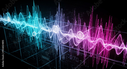 Multicolored sound wave graphic with neon blue purple and pink hues on a black background with grid lines and cryptocurrency symbols