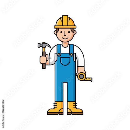 Cartoon Construction Worker with Hammer and Measuring Tape Icon. Professional Builder, Handyman, or Contractor Illustration on White Background.