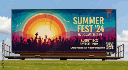 Summer music festival billboard with colorful sunset background and silhouetted crowd advertising summer fest '24 event in riverside park