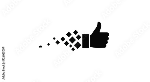 Abstract pixelated thumb up icon symbolizing success, approval, and digital transformation
