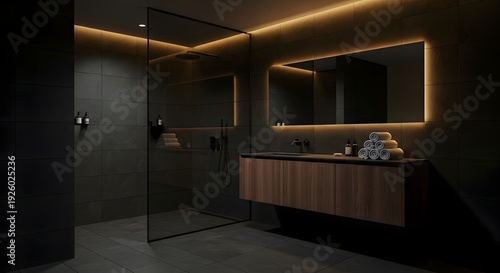 Modern bathroom interior with illuminated mirror and wooden cabinet design
