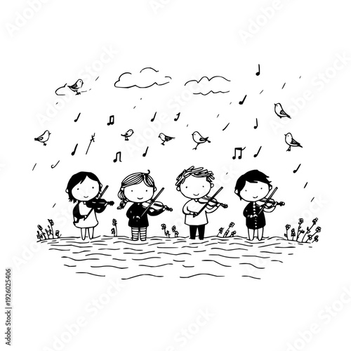 Children Playing Violins in Rainy Day