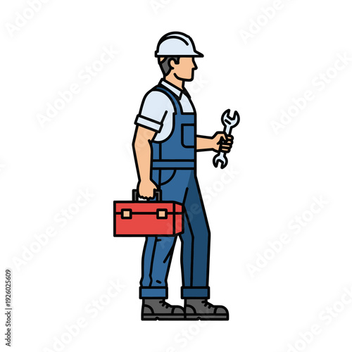 Skilled Tradesman Icon with Toolbox & Wrench. Professional Worker in Hard Hat, Ready for Service & Repair.
