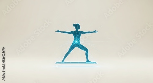 Woman in dynamic yoga pose with glowing blue light effects