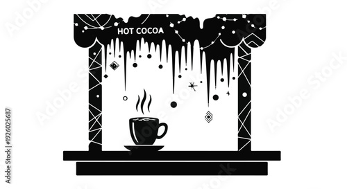 Hot cocoa kiosk with steaming cup and festive lights, black and white illustration perfect for winter season celebrations