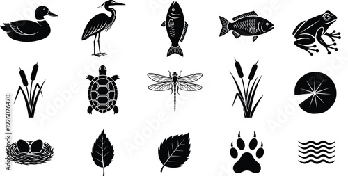 Pond life black silhouette vector icons set featuring duck, heron, fish, frog, turtle, dragonfly, and nature elements isolated on white background for outdoor design.