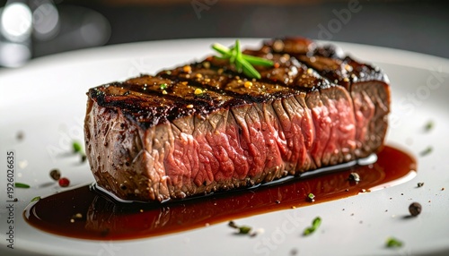 Close-up of a cooked steak on a white plate served with sauce highlighting meat texture and details