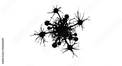 Dynamic dark abstract graphic element featuring a chaotic interconnected pattern of spiky protrusions, evoking microscopic life or complex system dynamics suitable for modern design projects