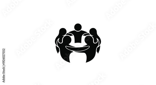 Dynamic black silhouette illustrating a diverse group of individuals united in a circular formation, representing strong community bonds, collaboration, and collective support