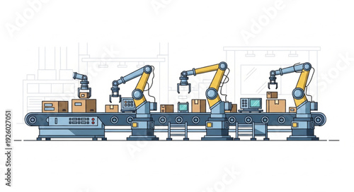 Automated robotic arms working on a production line in a factory setting.