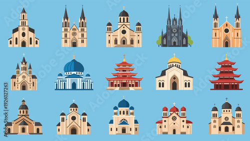 Diverse collection of colorful icons represents various global religious buildings including churches, temples, and pagodas.