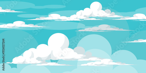 Illustration of a blue sky with white clouds in a flat style. Blue sky background and white clouds. Cartoon sky	