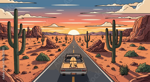 Vintage car drives down desert highway at sunset with cacti and mountains