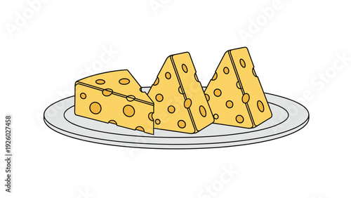 Cartoon illustration of three slices of yellow Swiss cheese with holes arranged on a light gray circular plate.