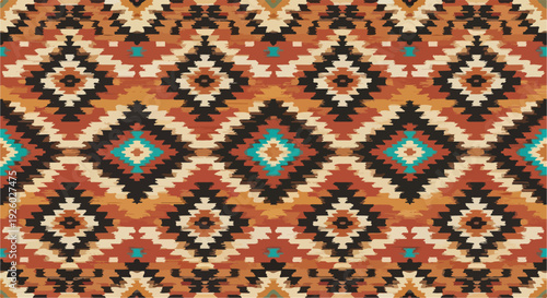 Vibrant geometric pattern with diamond shapes in orange brown turquoise and black hues on textured background