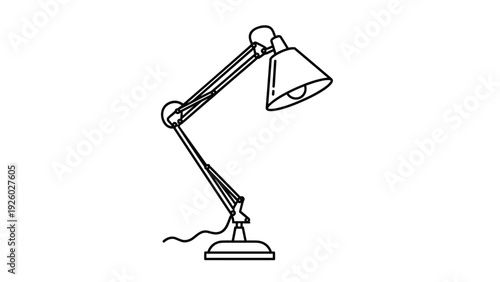 Detailed line art illustration of an adjustable architect desk lamp with a light bulb and electrical cord.
