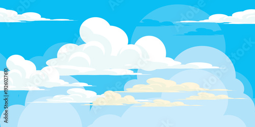 Illustration of a blue sky with white clouds in a flat style. Blue sky background and white clouds. Cartoon sky	