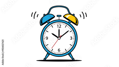 Blue analog alarm clock with yellow bells shown vibrating as it rings loudly at ten past ten on a white background.