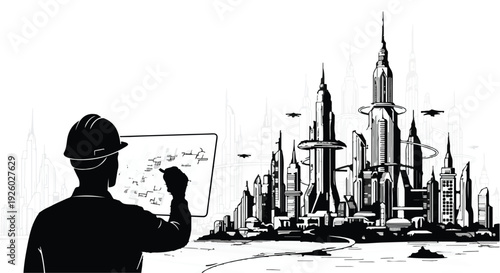 Visionary architect or engineer planning a sustainable, high-tech future city, symbolizing urban innovation and modern technological advancement