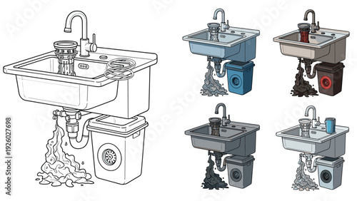 Illustration of a kitchen sink with a leaking pipe and a gray waste bin below it in various color versions.