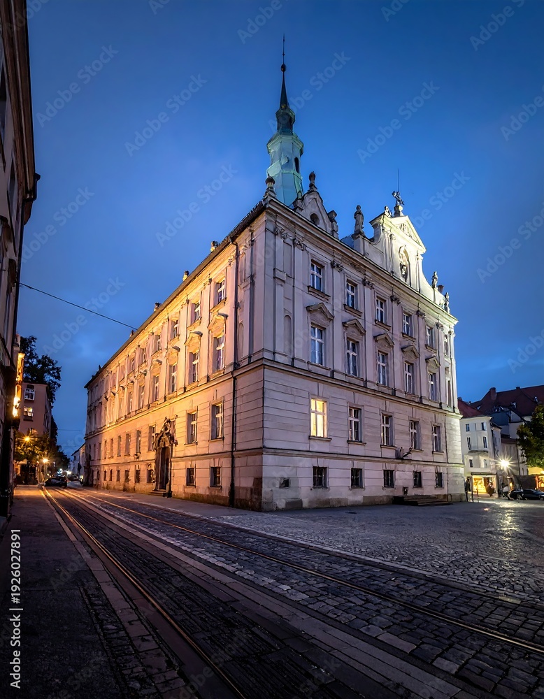 Obraz premium A large white building with a clock tower on a cobblestone street