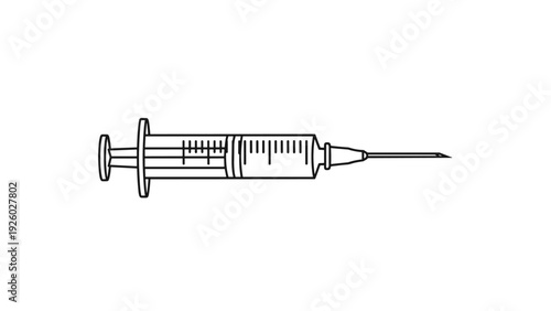 Simple line art drawing of a medical syringe with a needle used for injections and vaccinations on a white background.