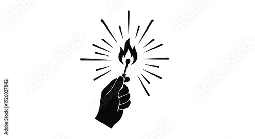 A dynamic black and white minimalist graphic illustration depicting a human hand holding a lit matchstick, radiating light and symbolizing a spark of inspiration, new ideas, or an impactful beginning