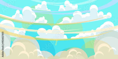 Illustration of a blue sky with white clouds in a flat style. Blue sky background and white clouds. Cartoon sky	