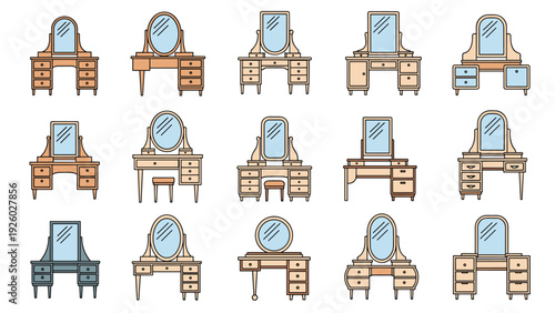 Comprehensive collection of dressing tables and vanities with mirrors shown in various colors and styles for home decor.