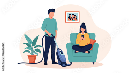 Illustration of a man cleaning the floor with a vacuum cleaner while a woman sits comfortably on an armchair using her phone.