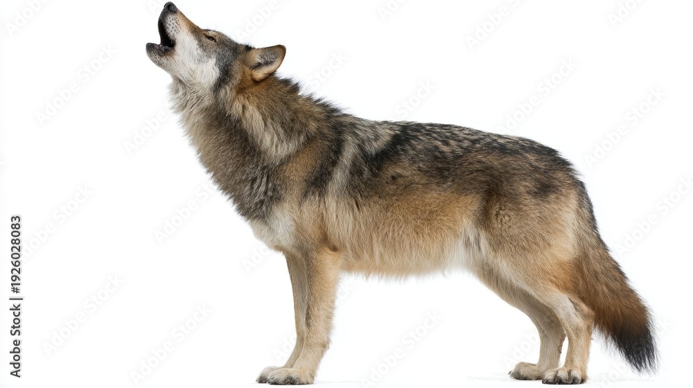 Obraz premium A wolf howling against a white background.