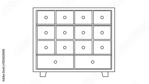 Simple line art drawing of a cabinet featuring numerous small square drawers and two larger bottom drawers on a white background.
