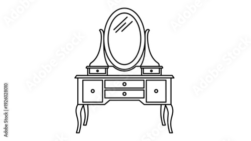 Classic vintage style dressing table with a large oval mirror and multiple drawers shown in a clean line art illustration.
