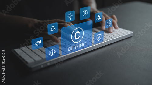 Digital copyright protection concept. Person typing keyboard with licensing and content security icons, intellectual property management and online media protection.