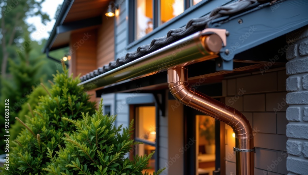 Naklejka premium Modern house exterior with copper rain gutter and greenery in the foreground