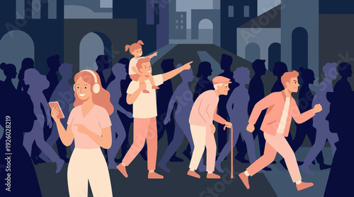 Modern City Life: Diverse Individuals in a Bustling Urban Crowd with Technology and Generations, Flat Vector Illustration