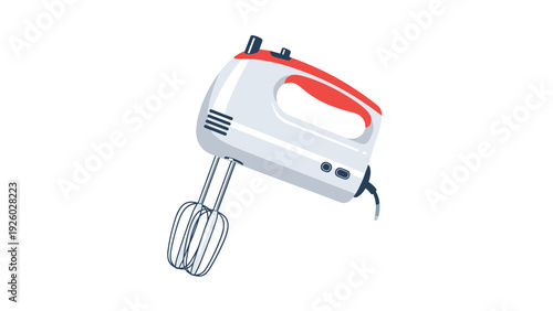 Electric hand mixer appliance illustration featuring a sleek white and red design for kitchenware and baking theme graphic designs.