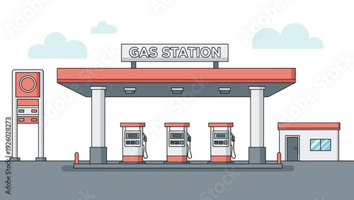 Cartoon illustration of a modern gas station with fuel pumps a service building and a price sign under a light blue cloudy sky.