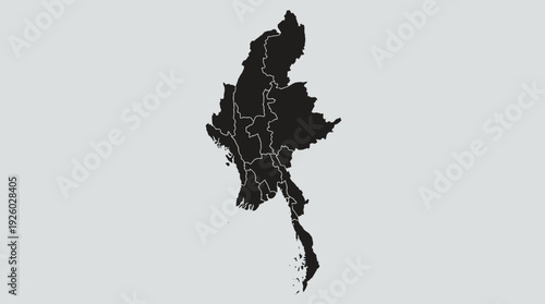 Myanmar (Burma) Vector Map with States and Regions Outline - Black Silhouette on Grey Background