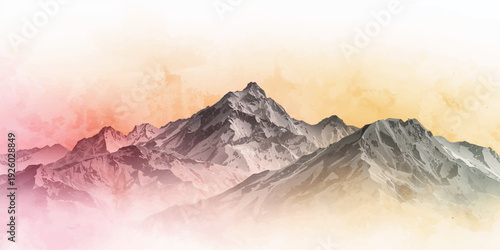 Panoramic mountain landscape with snowy peaks glowing under a colorful sunrise and sunset sky above the valley