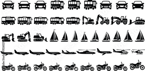 Large Collection of Black Vector Silhouette Icons Featuring Cars Buses Construction Excavators Sailboats Airplanes Helicopters and Motorcycles for Transportation and Logistics Graphic Design Projects