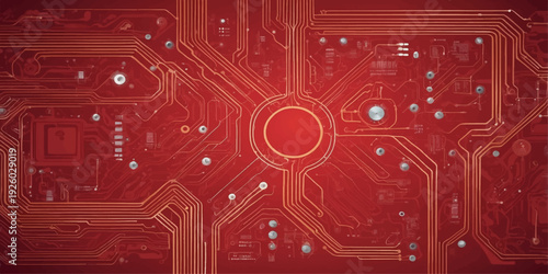 Red electronic circuit board background with detailed digital chip and processor connections