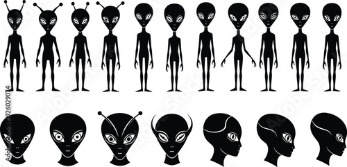 Large Collection of Detailed Black Silhouette Vector Illustrations Featuring Various Alien Figures and Extraterrestrial Gray Alien Heads with Large Eyes for Sci-Fi Designs